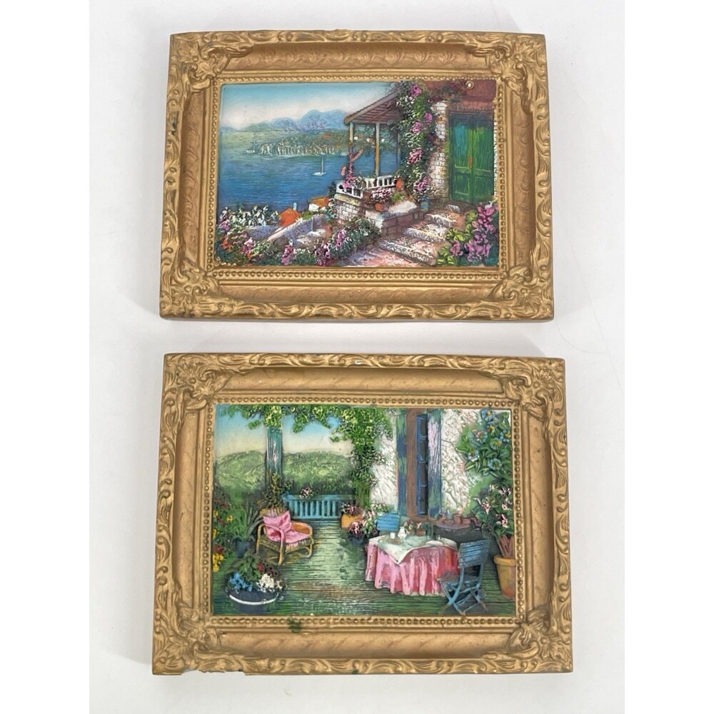 Vintage Italian Villa Relief Wall Plaques Set Gold Frames Tuscan Cottage Decor